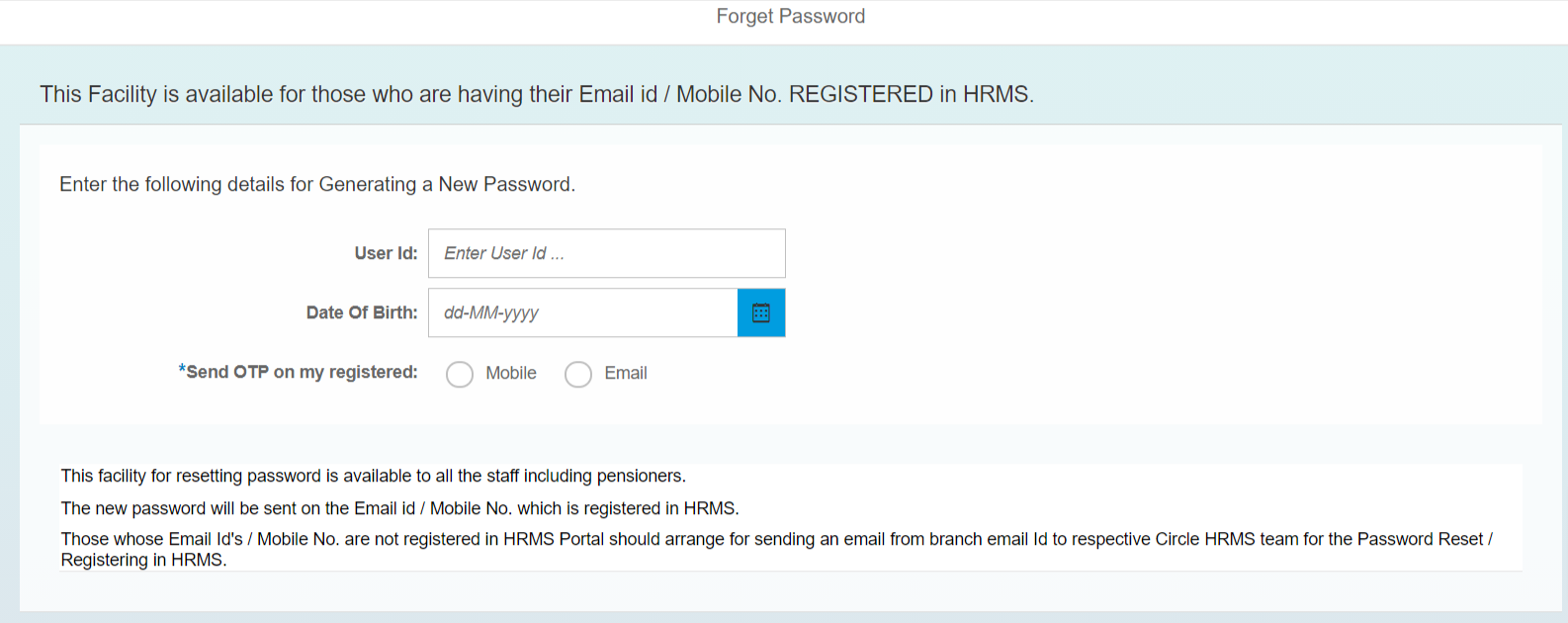 Recover SBI HRMS Portal Forget Password