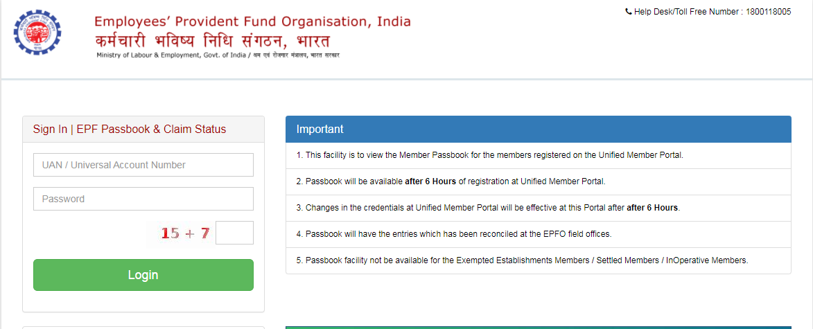 Window to log in into your EPFO account