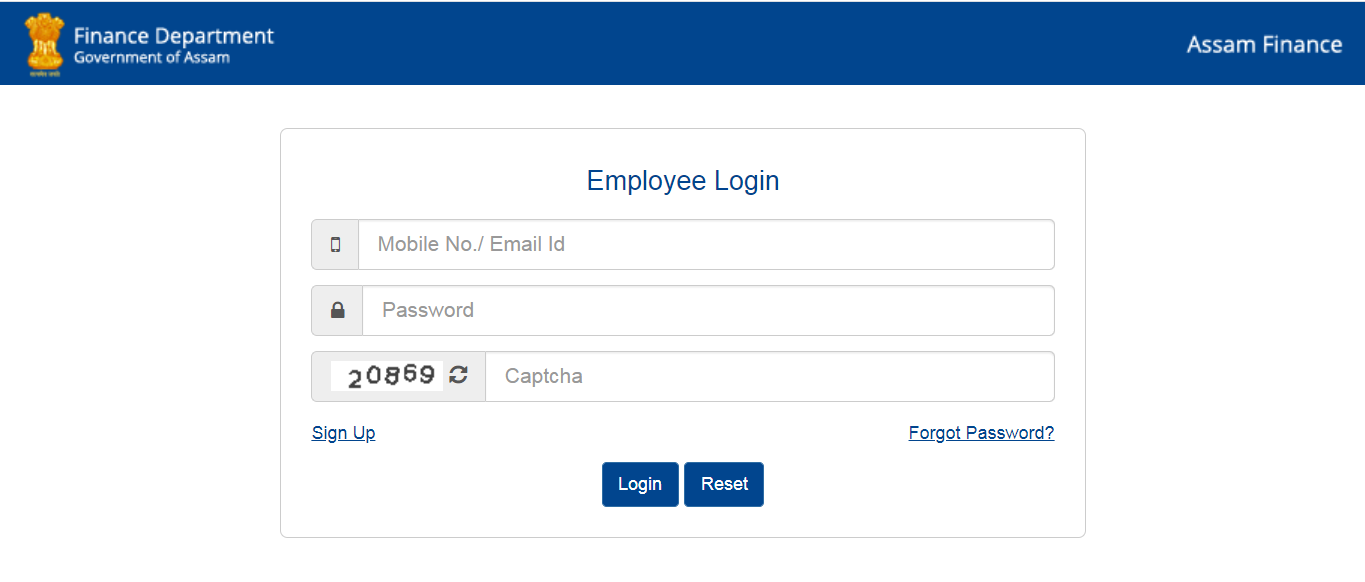 Window to log into the Assam finance web portal